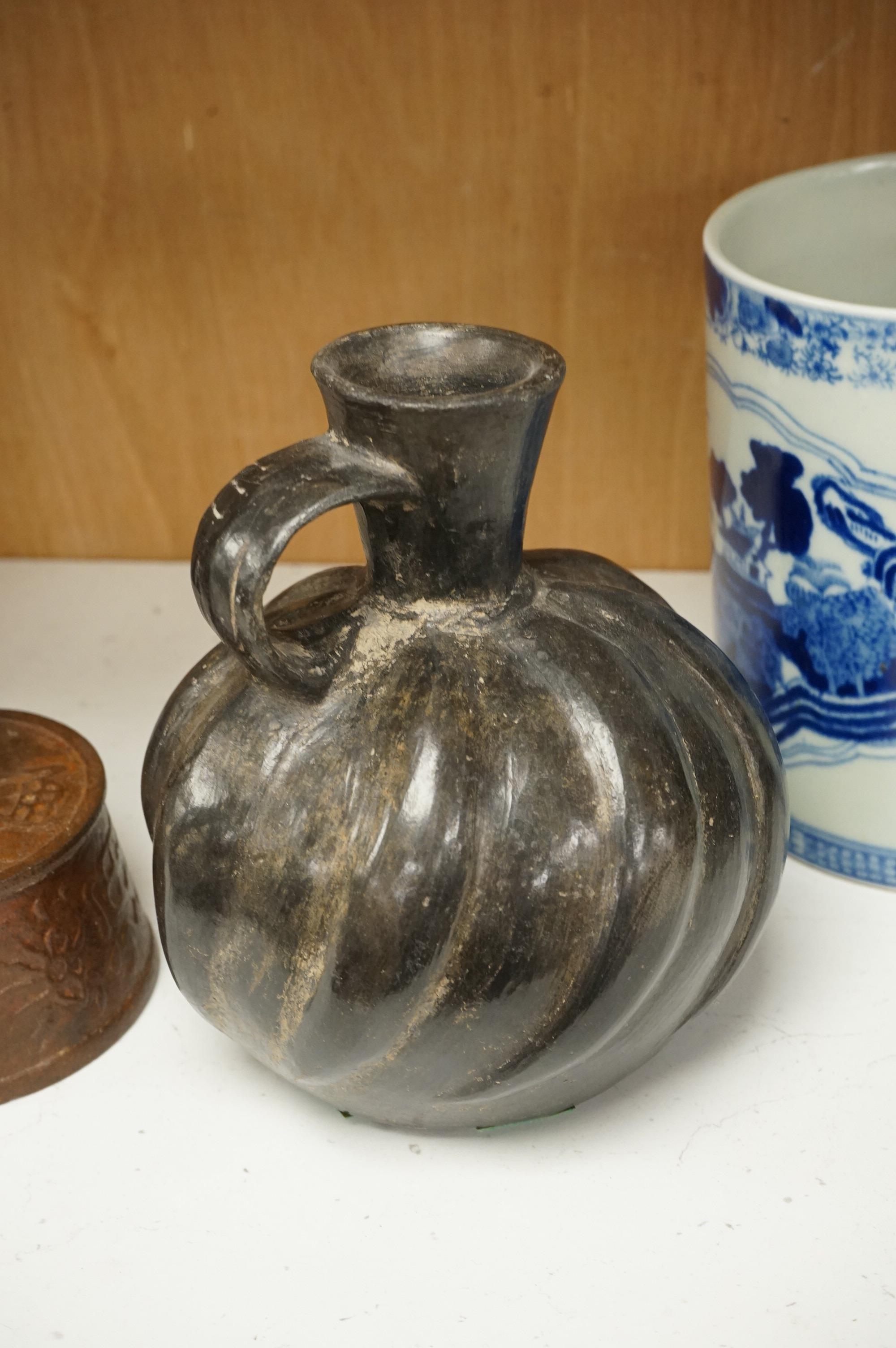 Oriental items to include a crackleglaze bowl on stand and a bamboo brush pot, together with two other vessels, largest 27cm in diameter